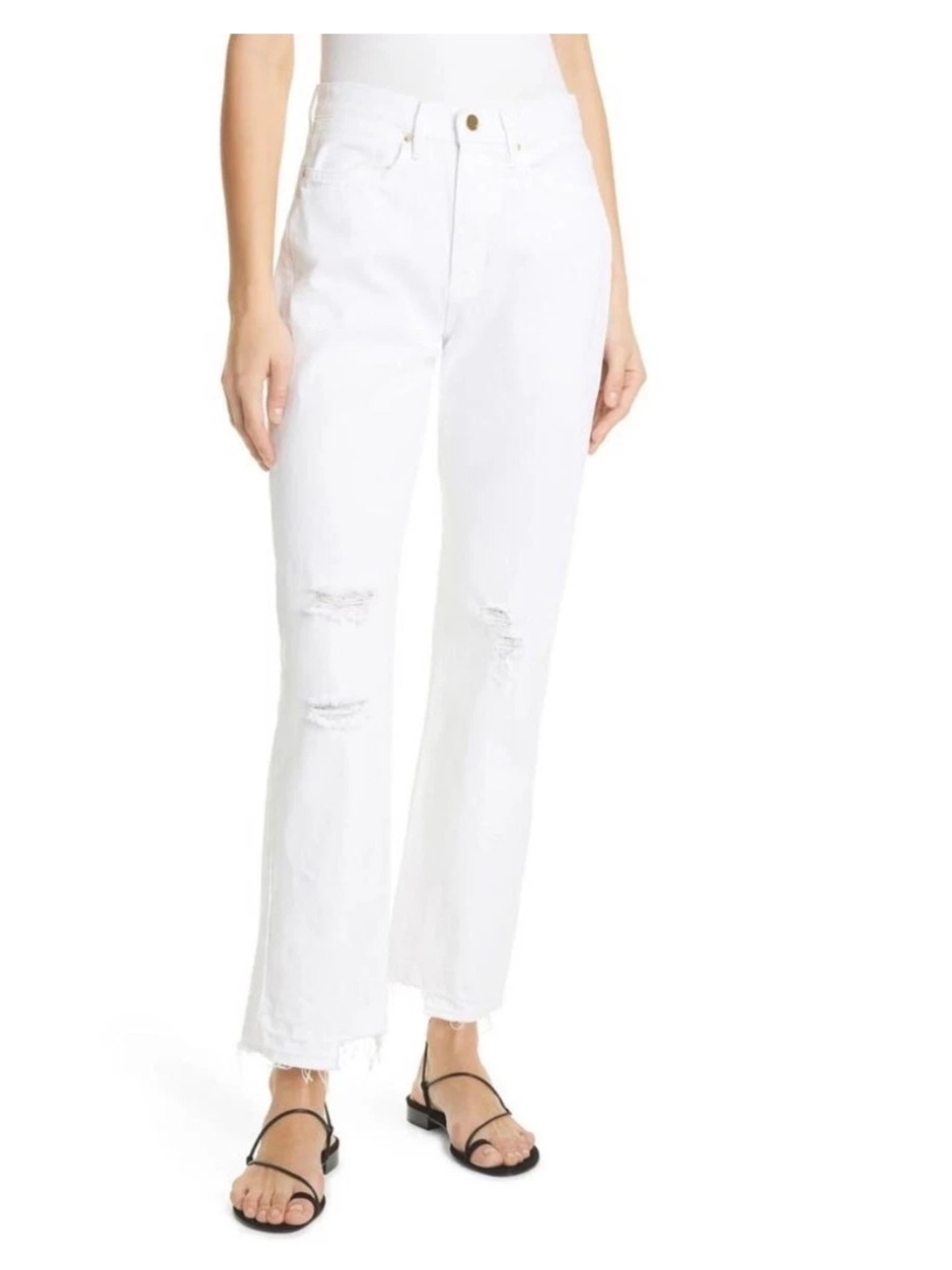 Frame Denim Le Hollywood Crop White Jeans with Raw Hem